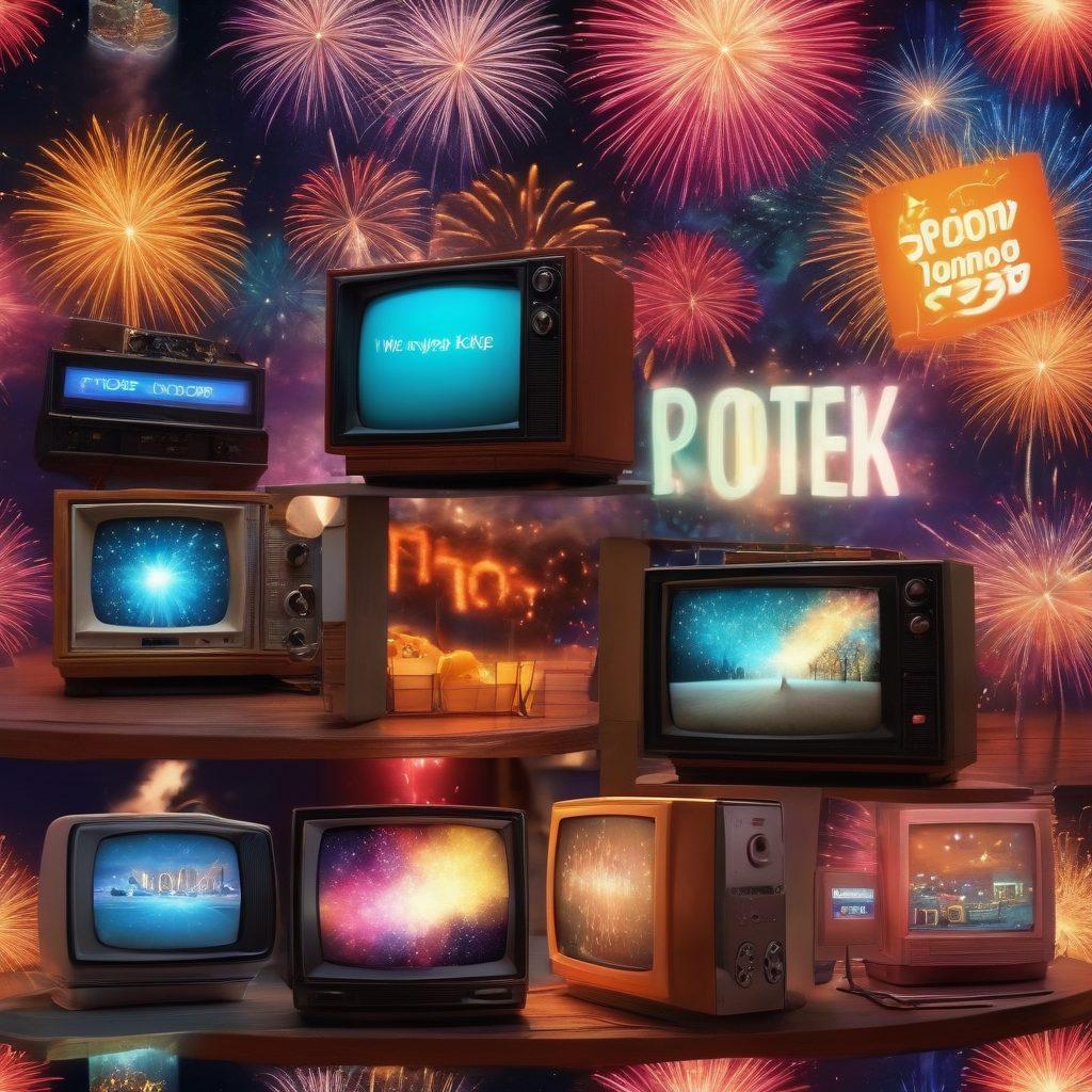 An array of iconic television sets showcasing diverse genres, including a comedy, drama, and sci-fi, each with vibrant scenes spilling out like magical fireworks. Include subtle hints of the secrets behind captivating storytelling with glowing key elements like scripts, popcorn, and a remote control in the foreground. Emphasize a whimsical and entertaining atmosphere with a playful, colorful backdrop. vibrant colors. 3D.