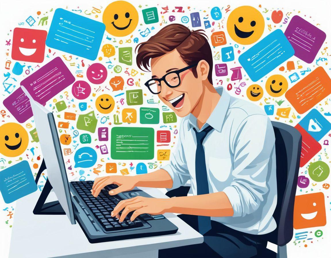A whimsical illustration of a programmer joyfully typing on a colorful keyboard, surrounded by animated code snippets and cheerful emoticons. In the background, playful cartoonish elements such as laughing computer screens and vibrant lightbulbs symbolize innovative ideas. The atmosphere is lively and engaging, reflecting the connection between joyful programming and entertainment. cartoon style. vibrant colors. white background.