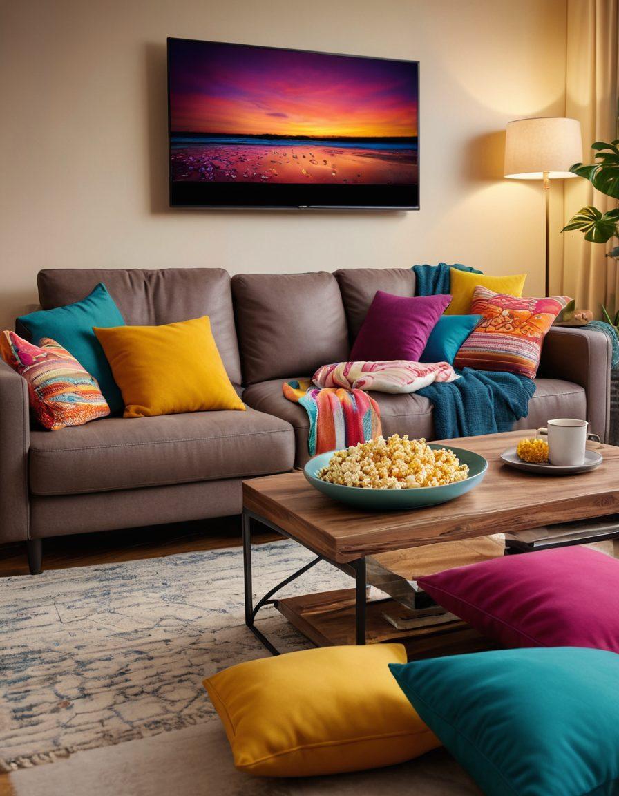 A cozy living room setting, featuring a comfortable couch surrounded by colorful cushions, a big screen TV displaying a vibrant scene from a joyful television show, popcorn scattered on a stylish coffee table, soft warm lighting creating an inviting atmosphere, and a happy family engaging together, laughing and enjoying the moment. super-realistic. vibrant colors. warm ambiance.